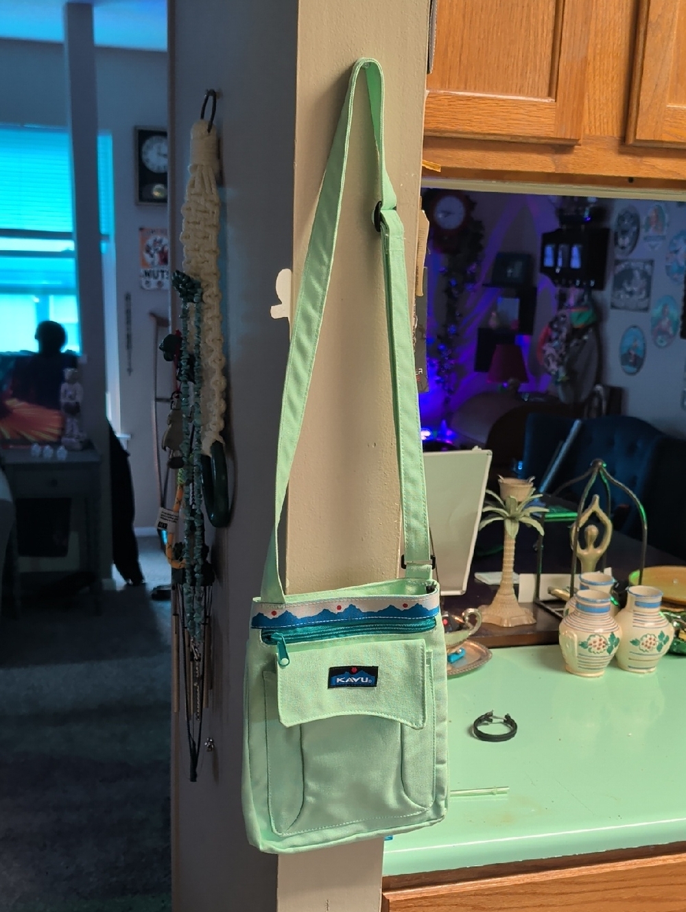 Kavu Mint Green Crossbody Bag with Teal Zip Detail
